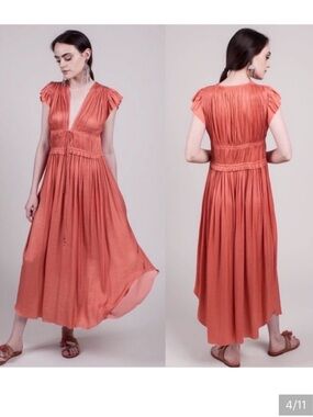 Ulla Johnson Coral Rust Pleated V-Neck Maxi Dress